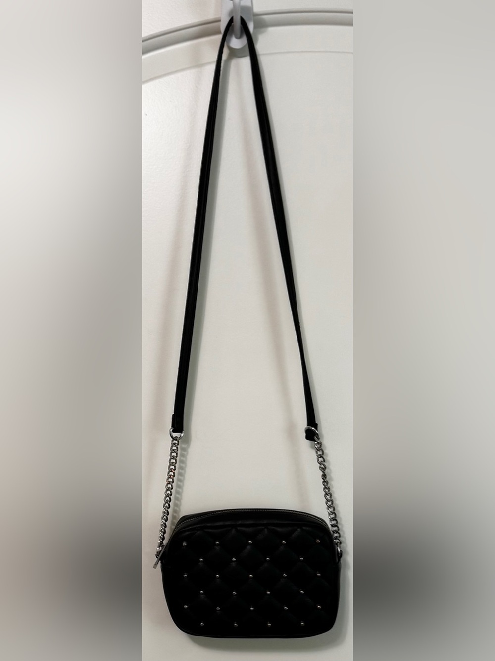 Rebecca Minkoff Quilted Studded Camera Crossbody Bag Black Silver Hardware - Picture 2 of 10